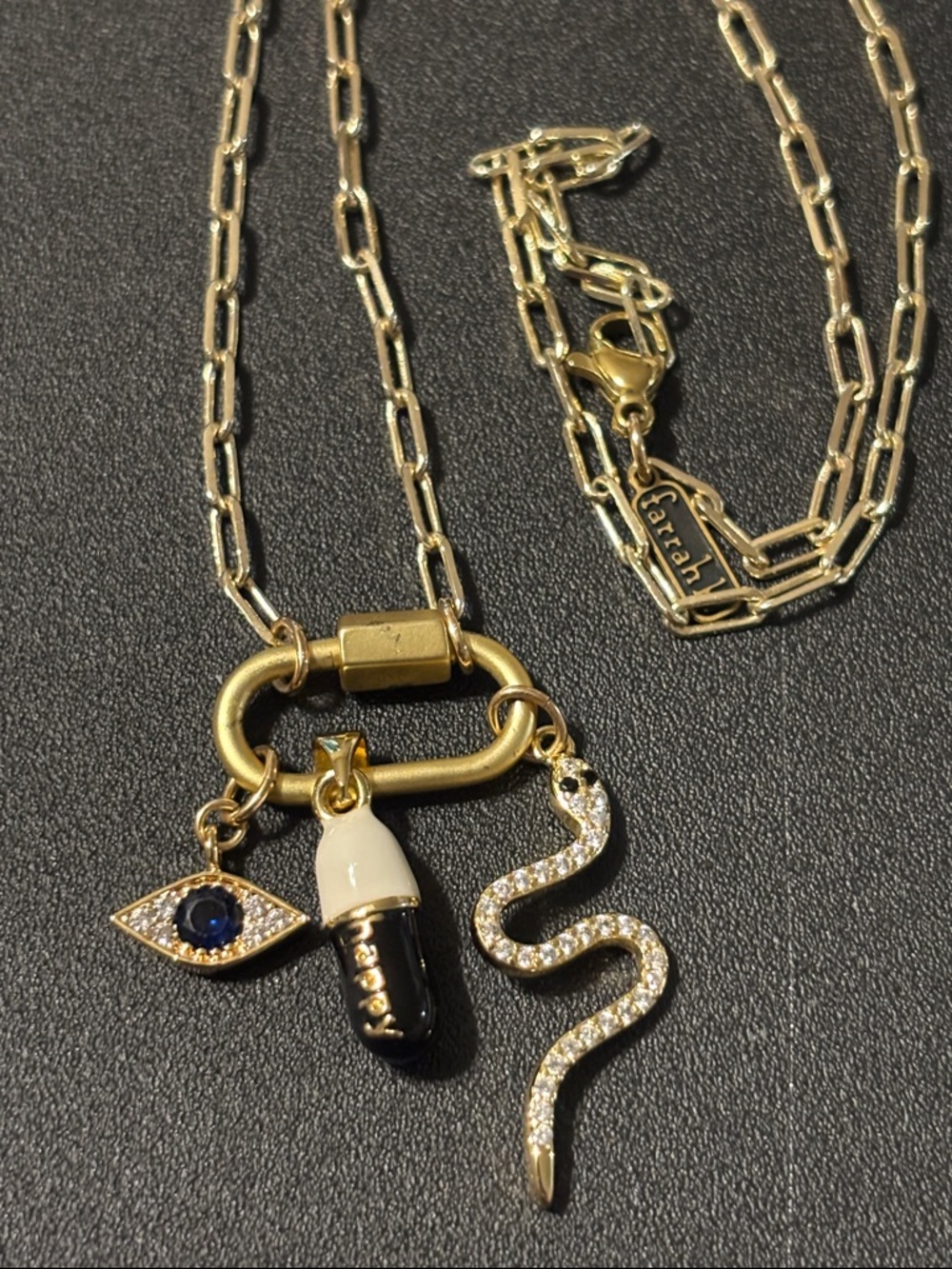 Carabiner Charm Necklace By Farah‎ B.  Happy Pill,Rhinestone Snake & Eye Charms